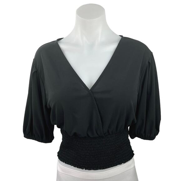 Express Women's Black V-Neck Smocked Waist Balloon Sleeve Wrap Blouse Top Size S - Picture 1 of 4
